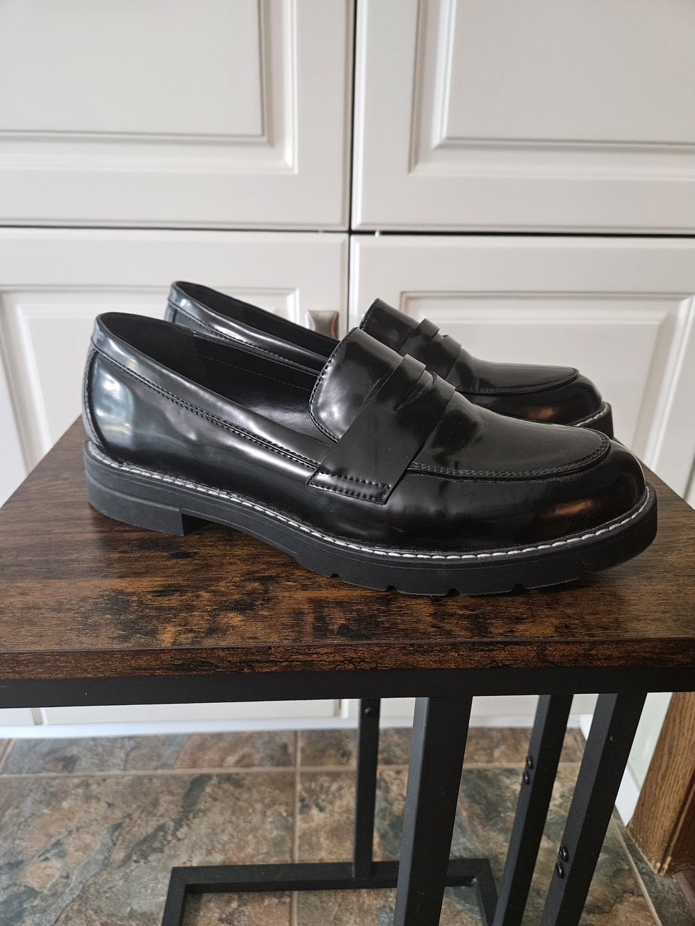 90s Grunge Edgy Casual Black Faux Leather Lug Sole Penny Loafers Punk Prep Work